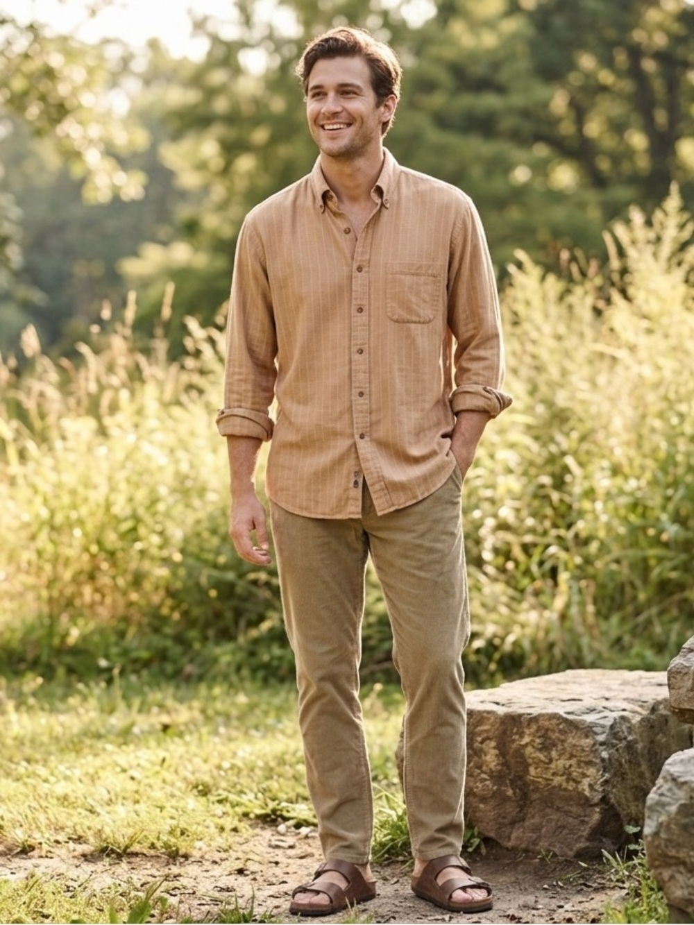 Brooks Brothers Tan Button-Down Plaid Shirt.